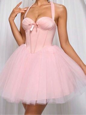 Pink Tulle Corset Halter Mini Dress - multiple sizes